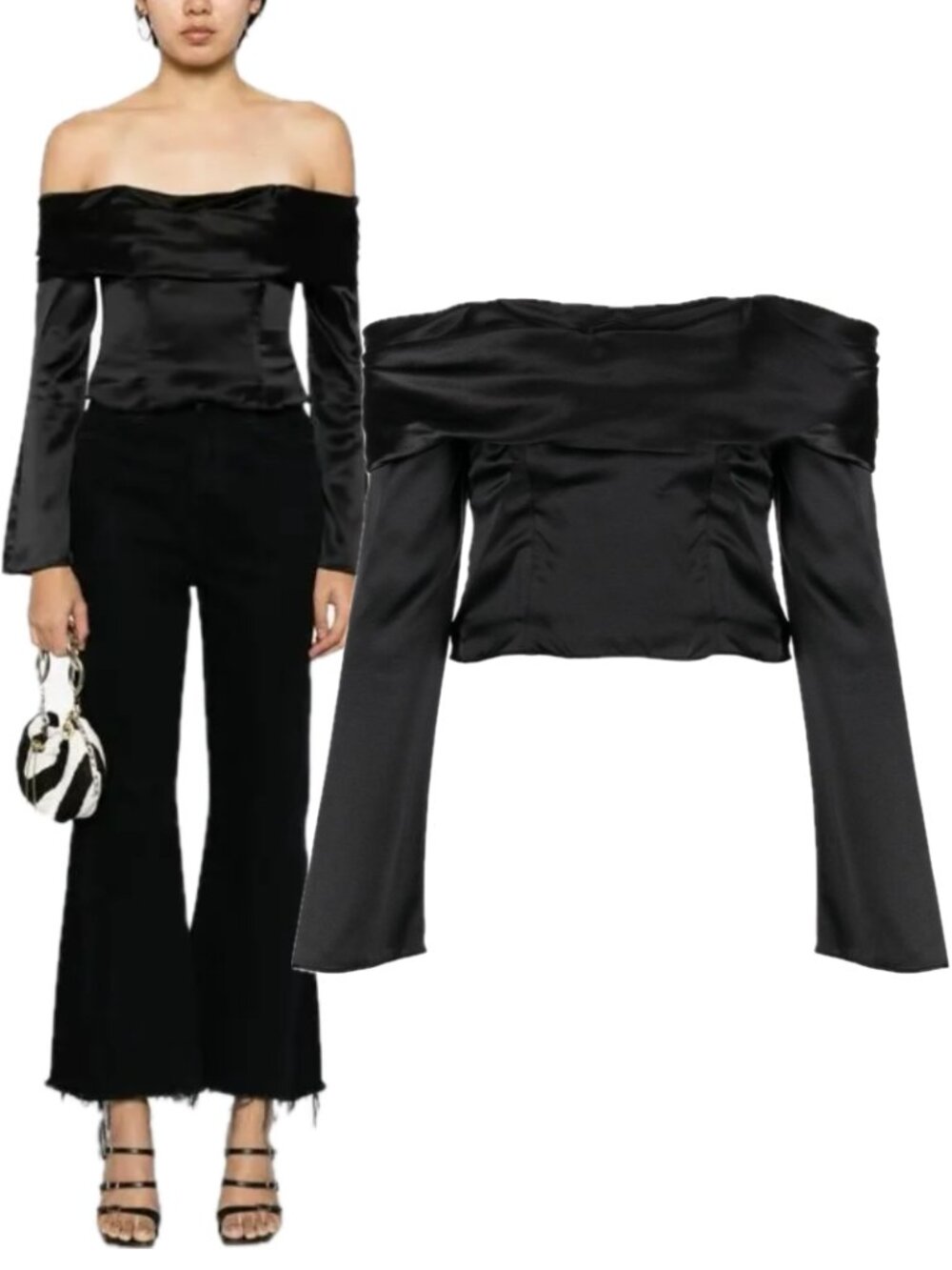 Reformation Niri Silk Charmeuse Off-The-Shoulder Long Sleeve Blouse (Black)